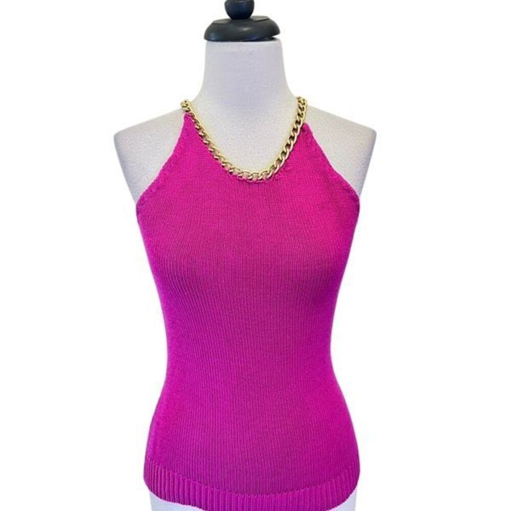 Michael Kors Women's Knit Chain Halter Sleeveless Tank Top Fuchsia Pink Medium